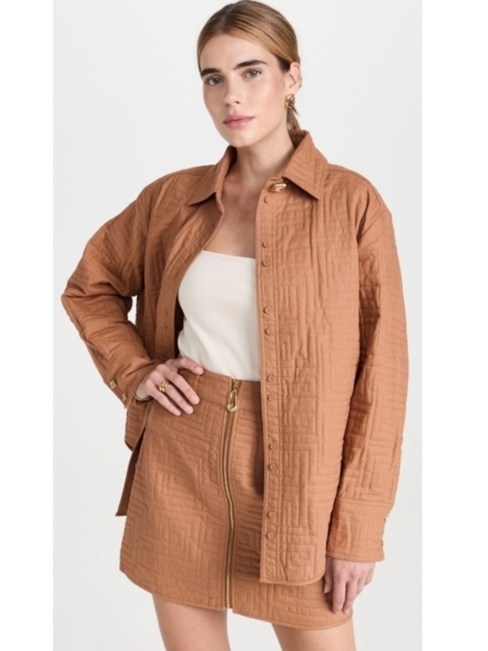 Aje Skirt Surrealist Textured Quilted Mini in Camel Tan